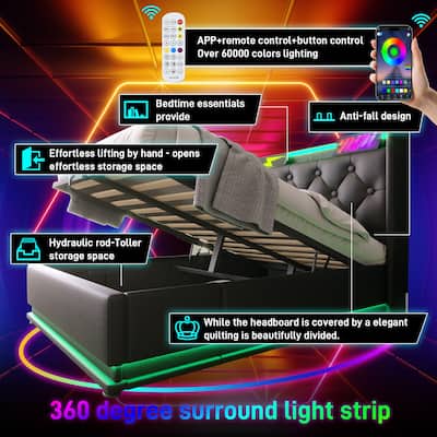 Upholstered Bed with Tufted Headboard and USB, Hydraulic Lift UP Storage Bed Frame, Smart 360 Surround LED Platform Bed