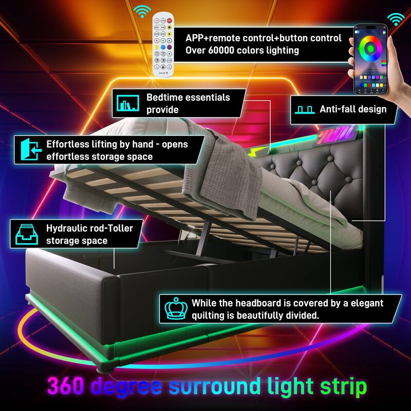 Upholstered Platform Bed with 360 LED Function and USB-C Charging