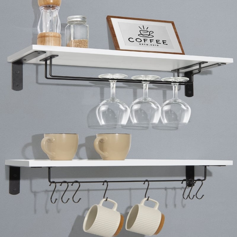 20 Inch Wall Mounted Shelves for Coffee Cups Mugs Wine Glass - 19.7"D x 5.9"W x 0.6"H - White & Black