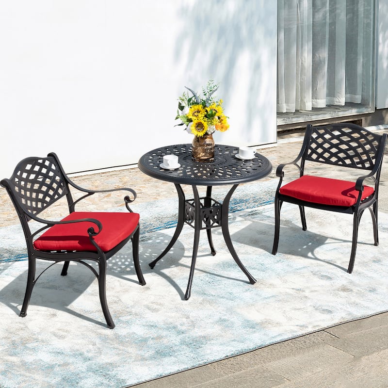 Outdoor 2-Person Cast Aluminum Bistro Set with Olefin Cushions - Black with gold point and red cushions