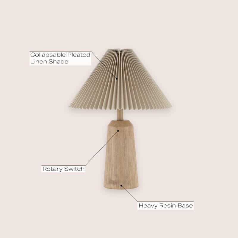 Giulia 20.5" Rustic Scandinavian Resin/Iron Lighthouse LED Table Lamp with Pleated Shade, Beige Wood Finish by JONATHAN Y