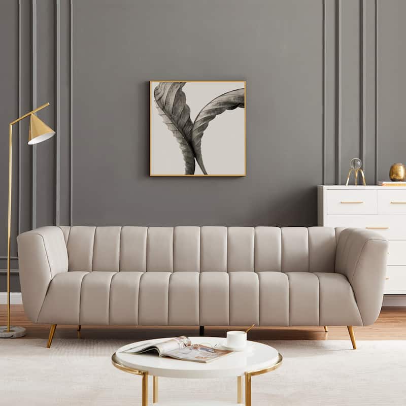 Clovis Mid Century Modern Furniture Style Full Grain Italian Leather Couch in Light Grey - Grey