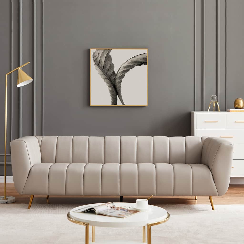 Clovis Mid Century Modern Furniture Style Full Grain Italian Leather Couch in Light Grey