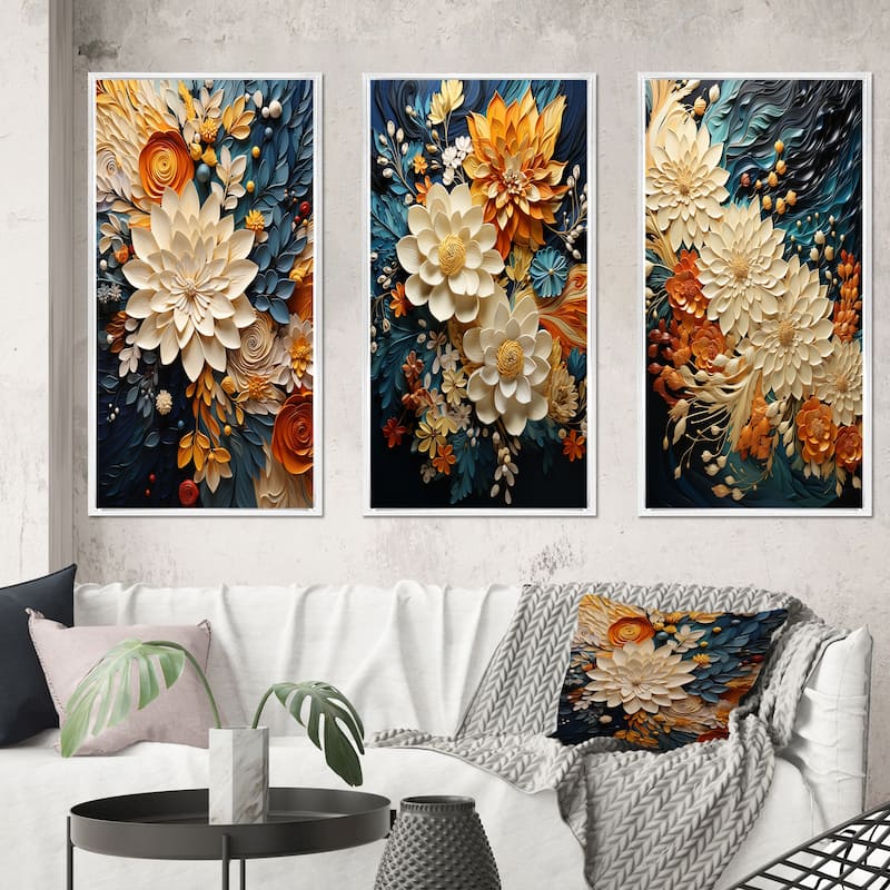Designart "Orange Teal Botanical Whirlwind IV" Abstract Framed Wall Art Set Of 3 Frame Gallery Wall Set For Home Decor - 38 in. wide x 20 in. high - 3 Panels - White