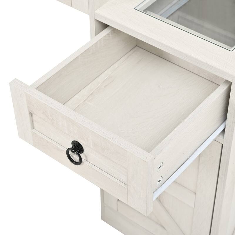 42.52" Farmhouse Dresser with Sliding LED Mirror, Glass Table Top and Stool