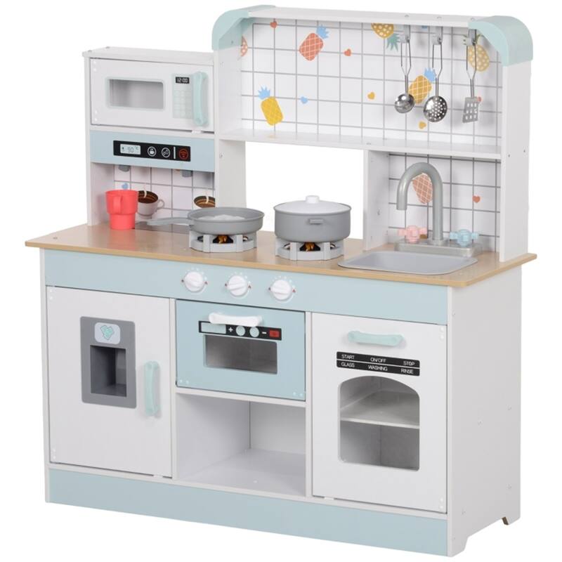 Kids Wooden Kitchen Playset with Light Sound Sink Coffee Maker and Storage White Blue Pretend Cooking Toy for Ages 3 and Up - White