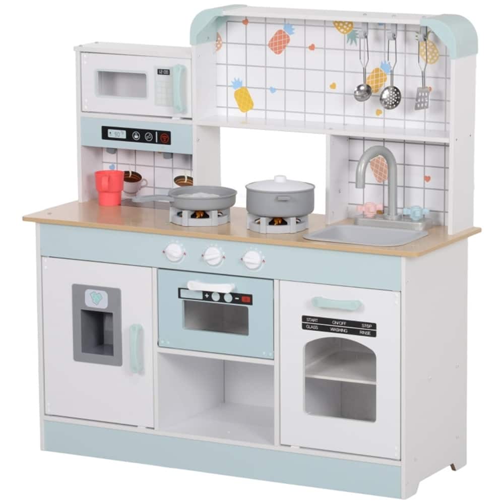 Kids Wooden Kitchen Playset with Light Sound Sink Coffee Maker and Storage White Blue Pretend Cooking Toy for Ages 3 and Up