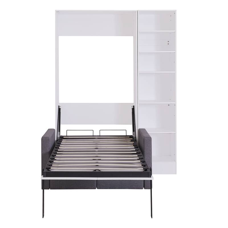 Twin Size Murphy Bed with Sofa and Shelves, White