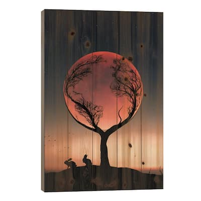 Rabbit And Full Moon Print On Wood by Abdullah Evindar - Multi-Color