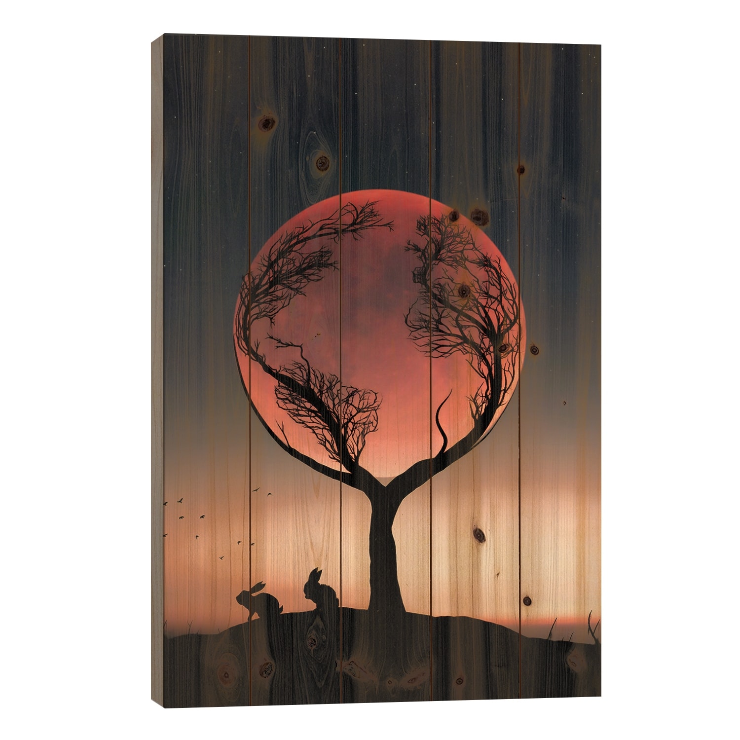 Rabbit And Full Moon Print On Wood by Abdullah Evindar - Multi-Color
