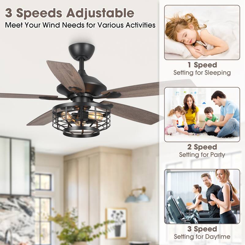 52" Industrial Wood 5-Blade 3-Light Metal Ceiling Fan with Remote
