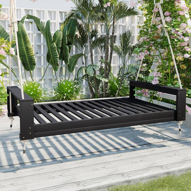 Twin Size Porch Swing Bed Seating Group, Patio Acacia Wood Swing Frame with Hemp Ropes for Garden, Backyard - Black