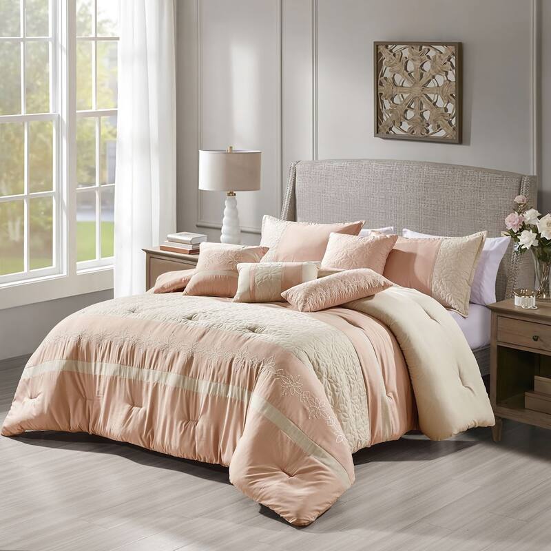 7 Piece Pink Beige Floral Soft Bedding Comforter Set - King