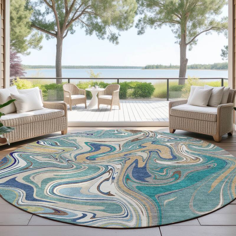 Machine Washable Indoor/ Outdoor Contemproary Fusion Chantille Rug - Teal - 8' x 8'