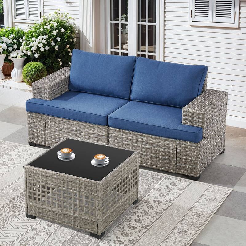 Pocassy Wicker Rattan Outdoor Sectional Sofa Patio Conversation Set - Blue Cushion - Sectional Sofa with Coffee Table