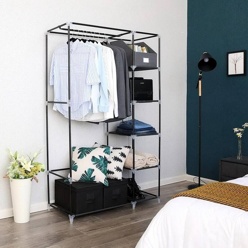 Portable Non-woven Fabric Clothes Closet Wardrobe with Hanging Rod