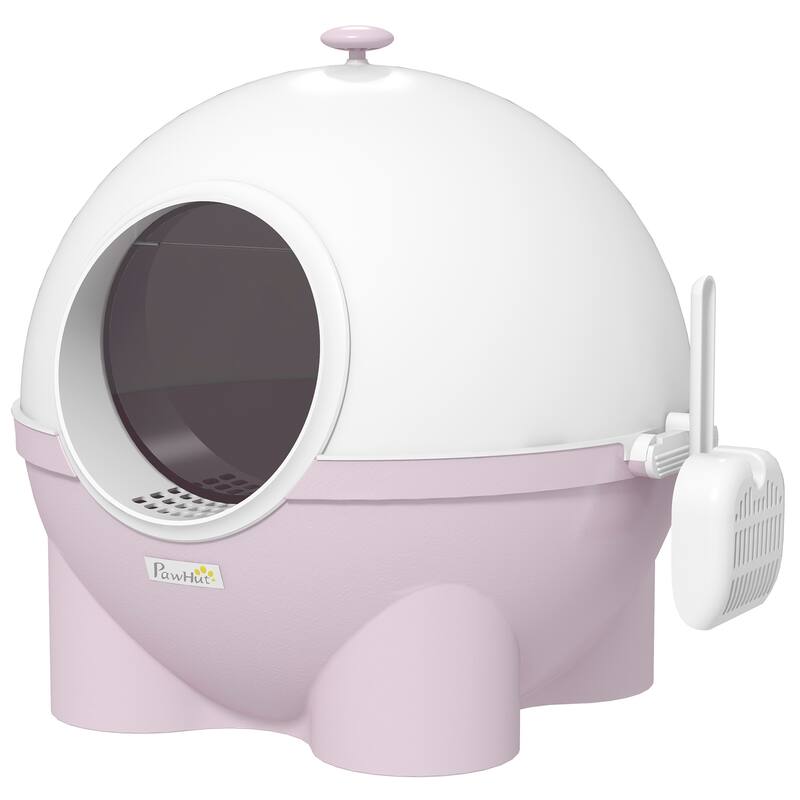 PawHut Hooded Cat Litter Box, Large Kitty Litter Pan with Lid, Scoop, Leaking Sand Pedal, Top Handle, Light Pink - Pink