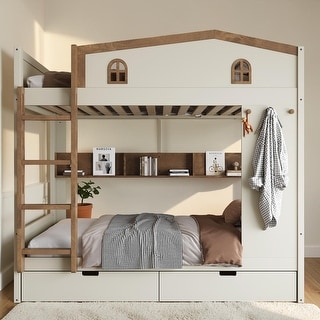 Full Over Full Bunk Bed with Storage Drawers and Shelves, Solid Wood ...