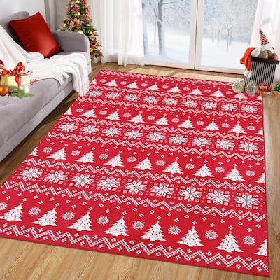GlowSol Christmas Area Rug Snowflake and Xmas Tree Pattern Rug