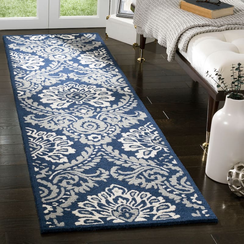 SAFAVIEH Handmade Blossom Esta Modern Floral Wool Rug - 2'3" x 10' Runner - Navy/Ivory
