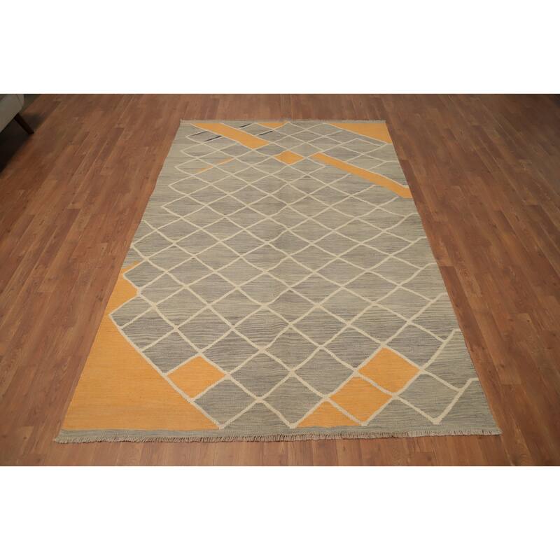 Hand Woven Oriental 100% Wool Carpet Southwestern Tribal Greys & Charcoal Kilim Area Rug - 7' 10'' X 5' 0''