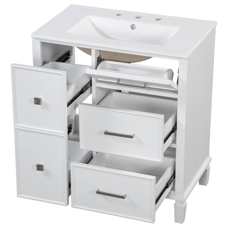 30 " bathroom vanity with ceramic sink with 4 drawers - White