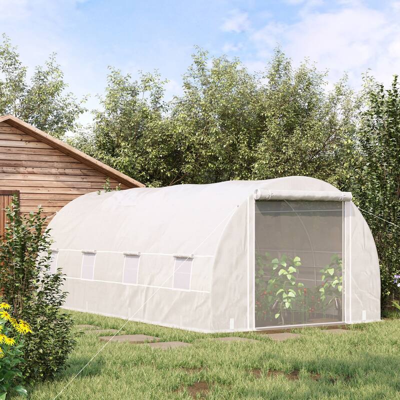 Outsunny 19' x 10' x 7' Walk-In Tunnel Greenhouse Garden Warm House Large Hot House Kit with 8 Roll-up Windows & Roll Up Door