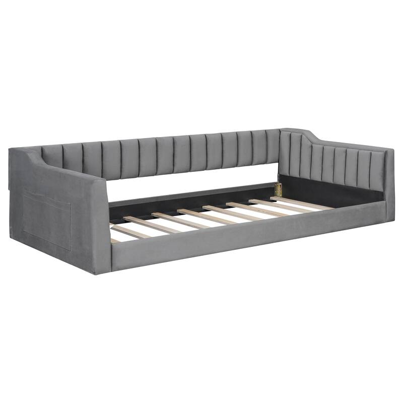 Twin XL Upholstered Daybed with Side Storage Pocket, Gray