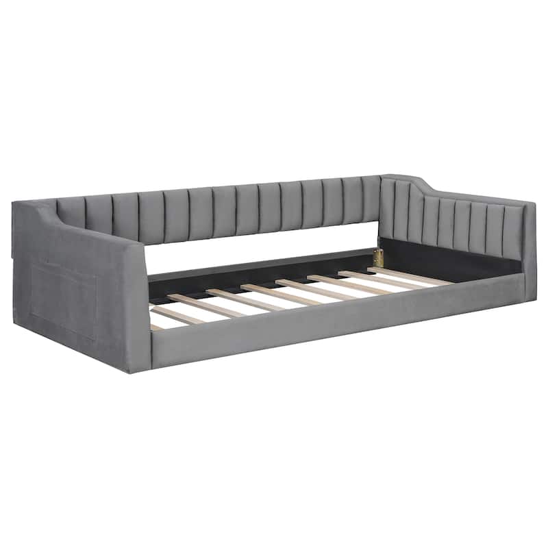 Twin XL Velvet Upholstered Daybed with Side Storage Pocket, Sloped Arms, and No-Box Spring Support