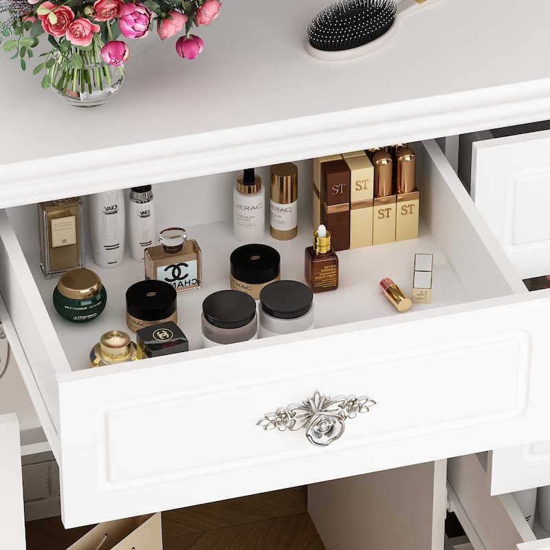 Contemporary Beauty Station - White Vanity Desk Makeup Vanity Dressing - 40.2"Wx54.1"H