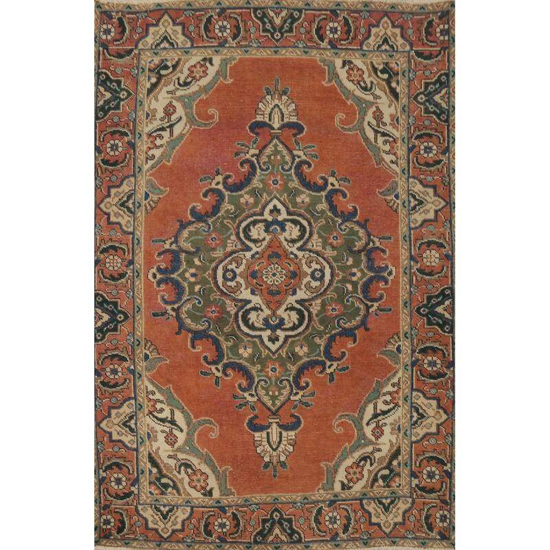 Hand Knotted Oriental 100% Wool Carpet Traditional Medallion Oranges & Rust Tabriz Area Rug - 5' 10'' X 4' 5''