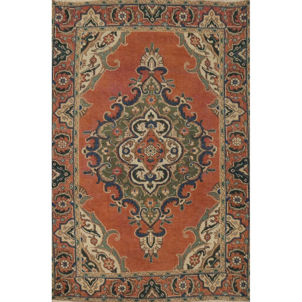 Hand Knotted Oriental 100% Wool Carpet Traditional Medallion Oranges & Rust Tabriz Area Rug - 5' 10'' X 4' 5''