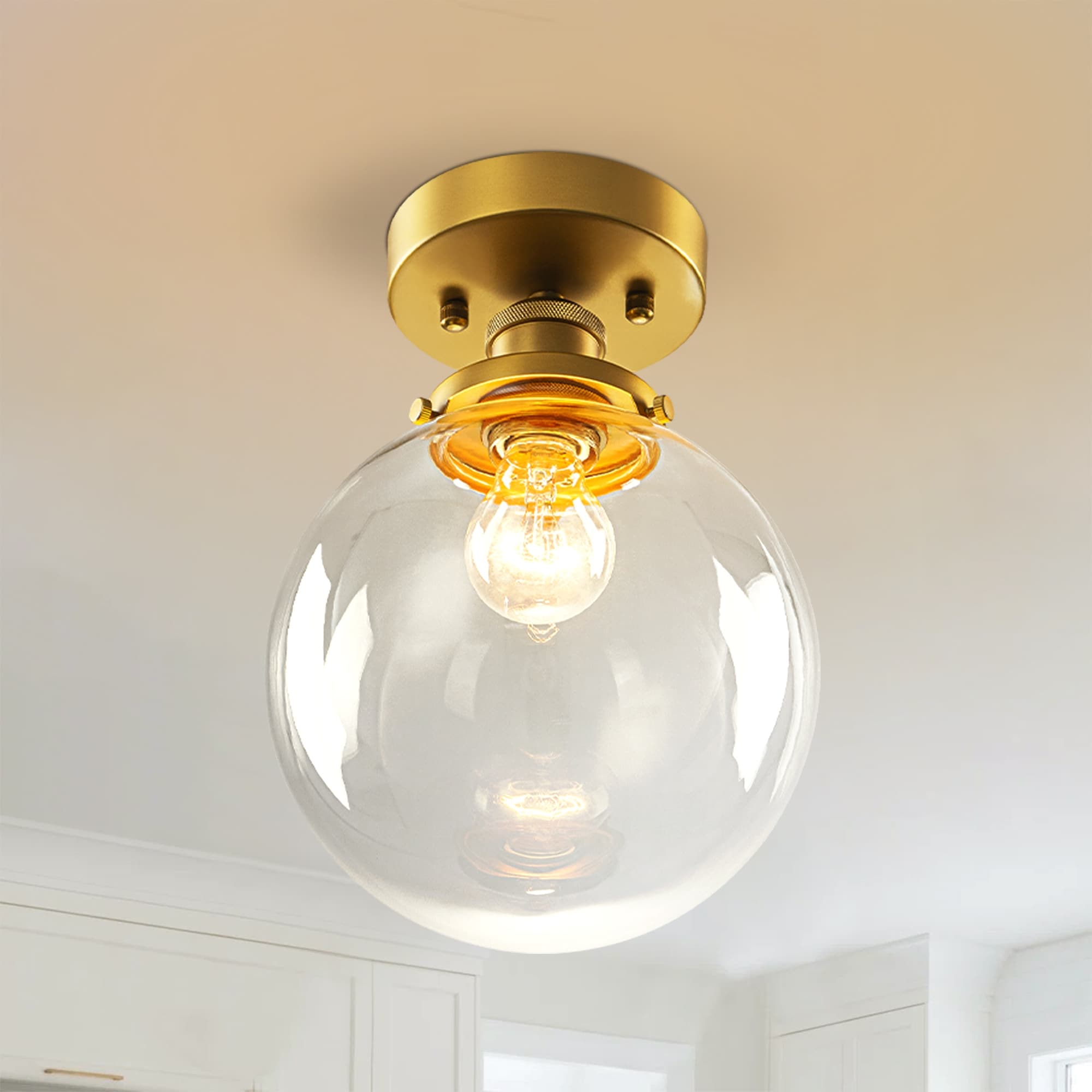 Rennnsan 8" 1-Light Modern Brass Glass Globe Semi Flush Mount Light for Corridor - 1 Light