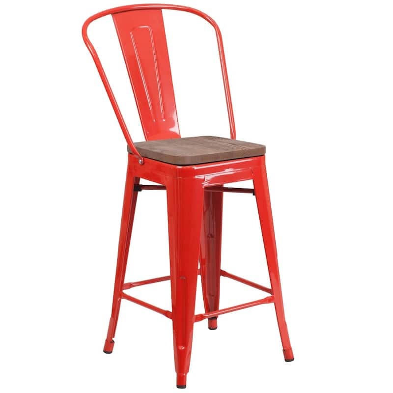 4 Pack 24" High Metal Counter Height Stool with Back and Wood Seat - 17.75"W x 20"D x 39.25"H