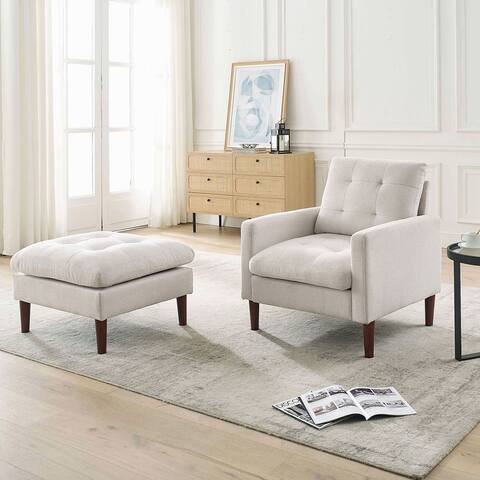 Fabric Single Sofa Chair with Ottoman, Solid Wood Legs