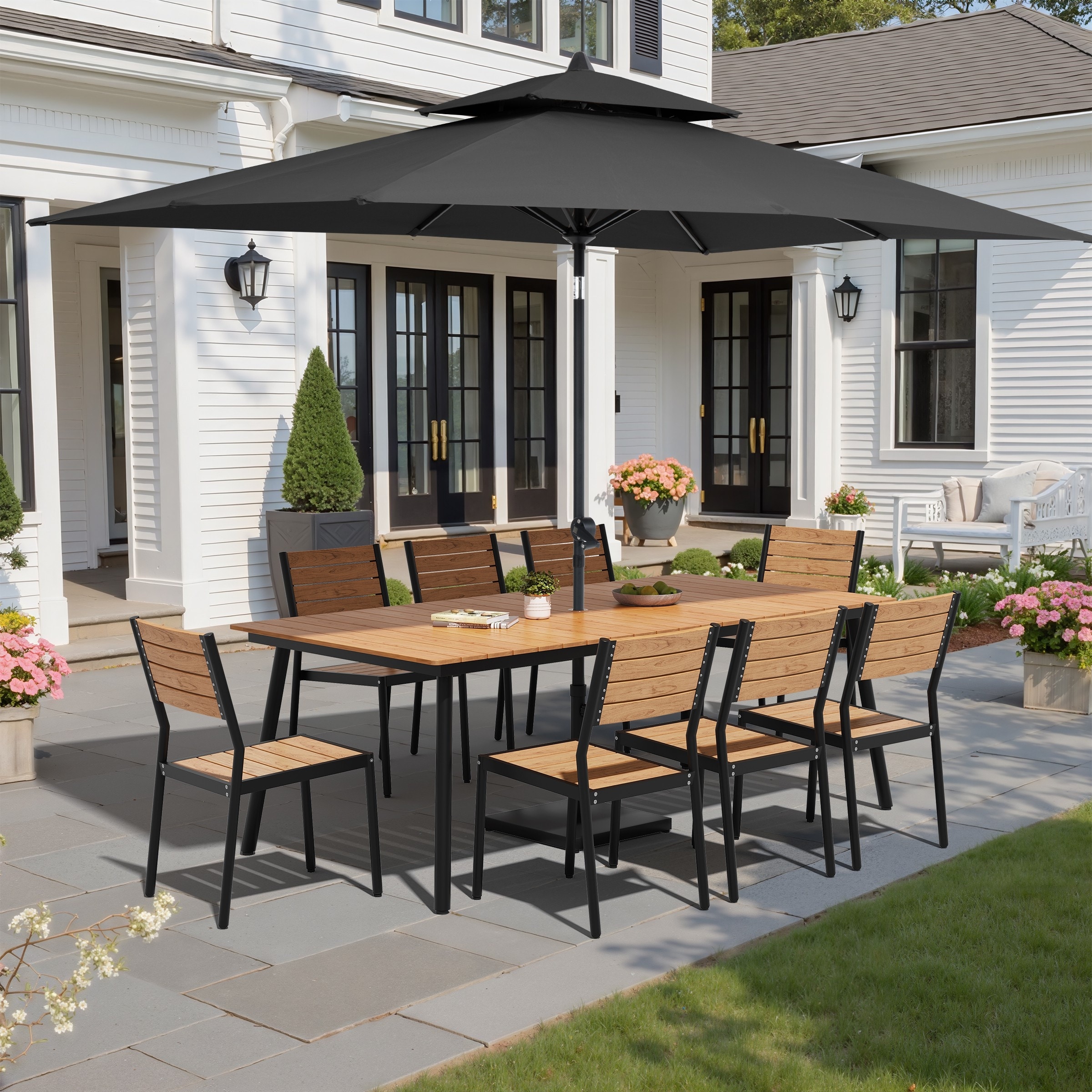 11-Piece Patio Dining Set Aluminum Table and 8 Stackable Chairs w/10 ft Umbrella and Base Stand