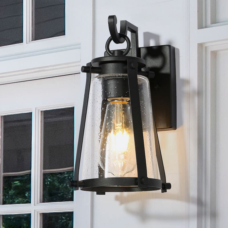 Modern Black Outdoor Sconces Patio Wall Lanterns with Seeded Glass for Porch - L 5.1" x W 6.7" x H 10.6"