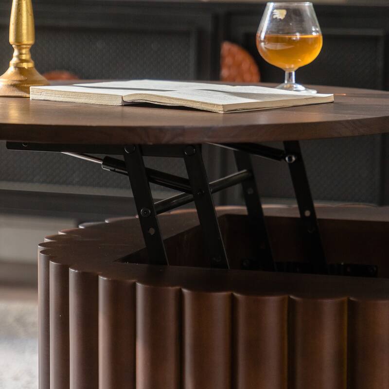 GDFStudio - Modern Lift-Top Round Storage Coffee Table with Handcrafted Relief Pedestal Base