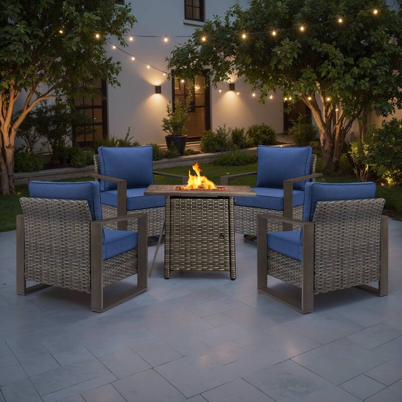 Meyreso 5-Piece Wicker Patio Conversation Set with Fire Pit & Plush 4.5" Olefin Cushions - Gray Wicker - Navy Blue Cushions