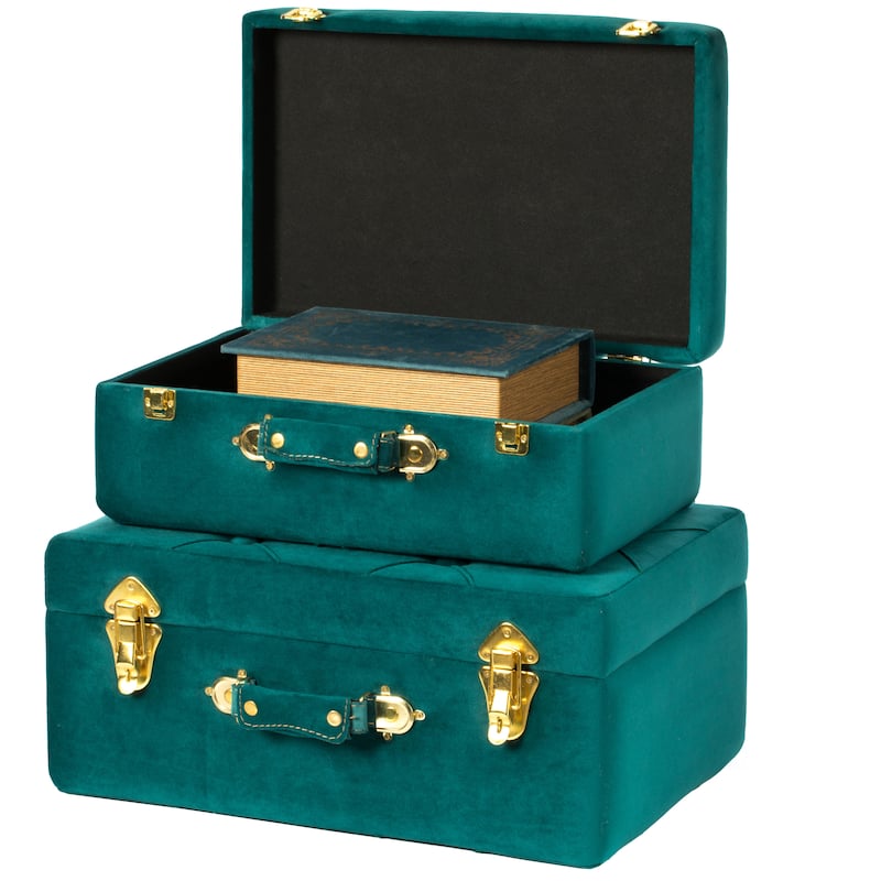 Decorative Tufted Velvet Suitcase Treasure Chest Set of 2 - N/A - Green