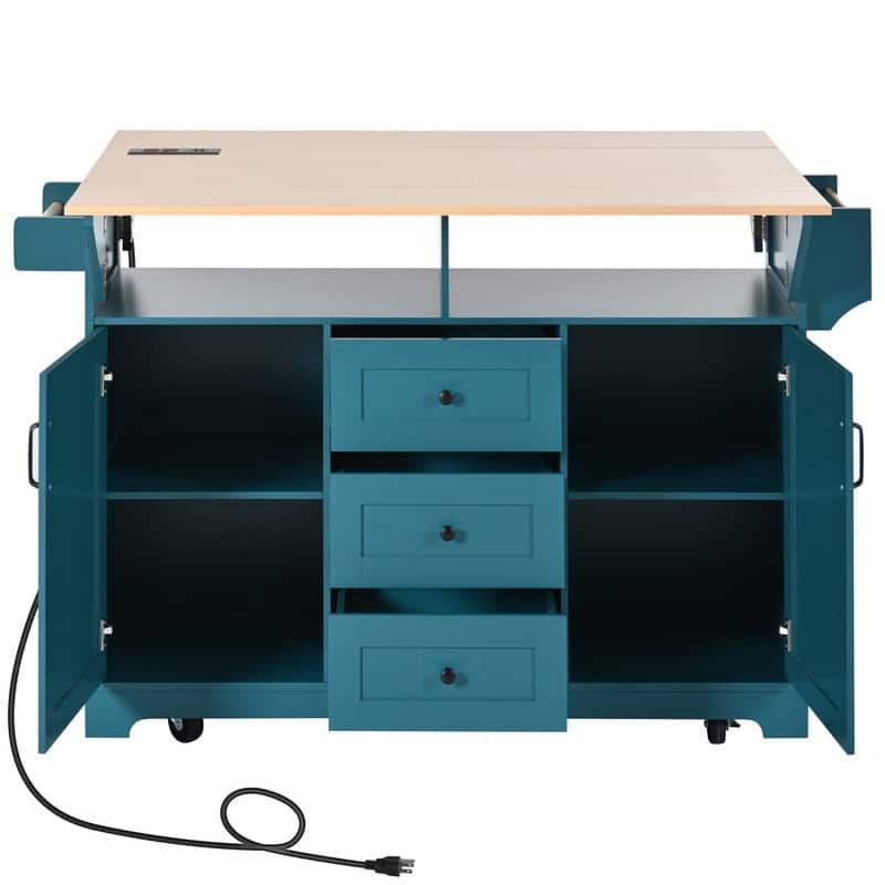55.7" Rolling Kitchen Island with 2 Drop Leaf Power Outlet Spice Rack and 3 Drawers