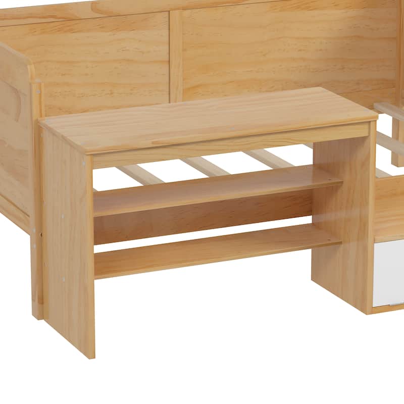 Twin Size Natural Wood Daybed with Study Desk & Storage (350lb Capacity)
