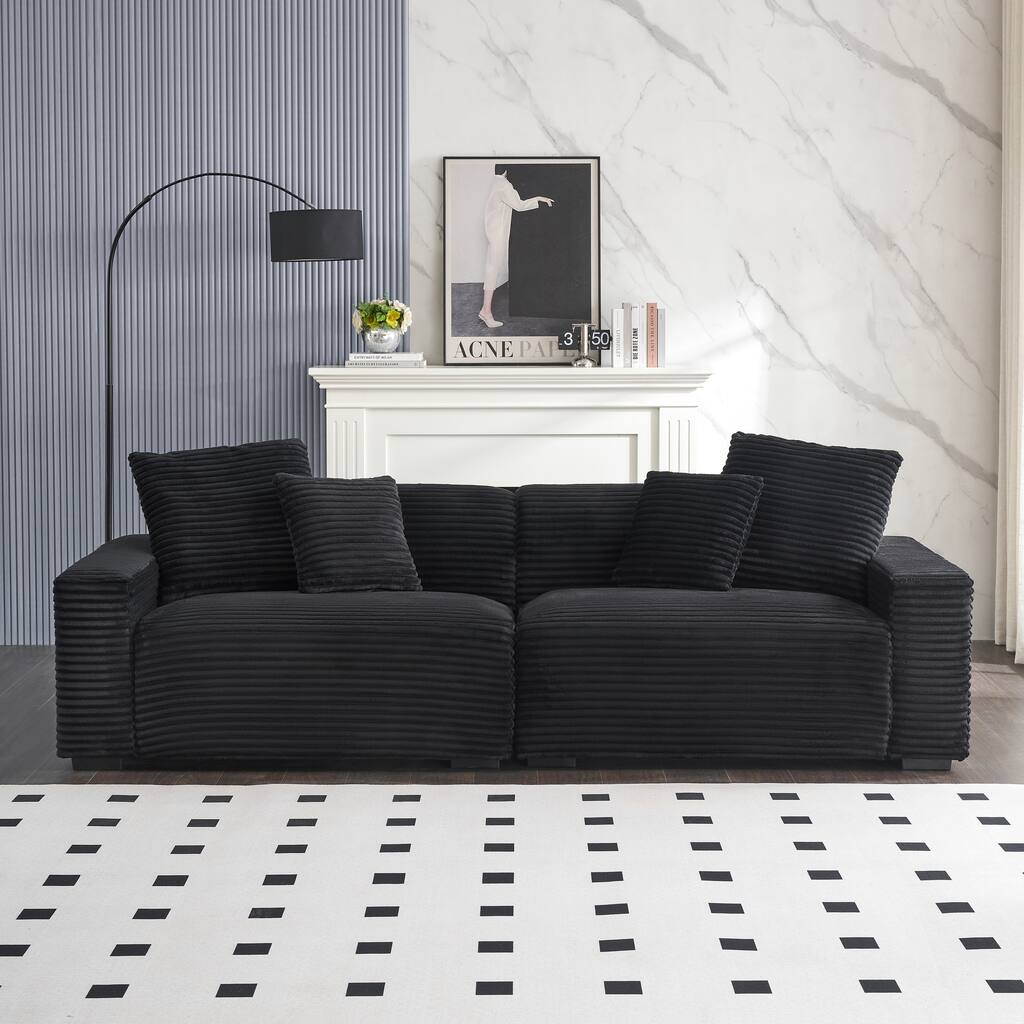 104.72-inch 4-seat Black Corduroy Sofa with 4 Throw Pillows for Living Room