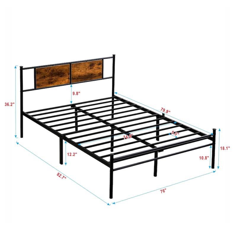 Metal Bedframe with Modern Wood Headboard, Upgraded Heavy Duty Metal Sturdy Platform Bed Frame, No Noise Metal Slats