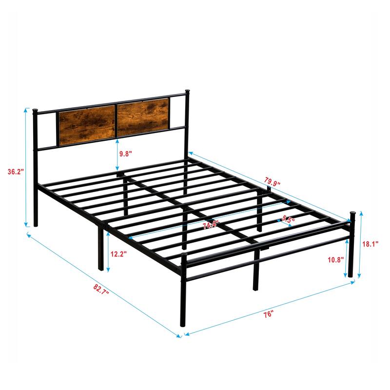 Metal Platform Bed with Wood Headboard, Detachable Steel Slats