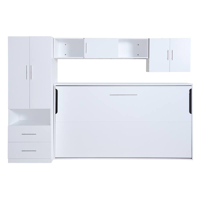 Twin Size Murphy Bed with Open Shelves, Storage Drawers & Wardrobe