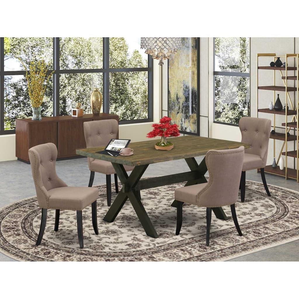HomeStock 5-Piece Rectangle Distressed Jacobean Finish Solid Wood Top Dining Table with 4 Parson Chair