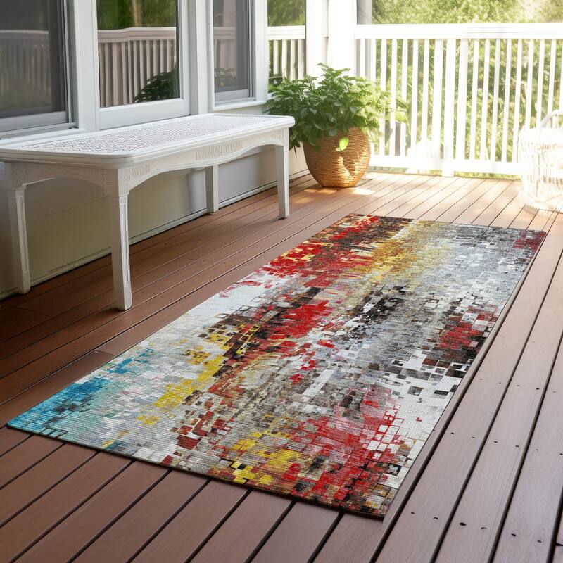 Machine Washable Indoor/ Outdoor Abstract Pixels Chantille Rug - Silver - 2'3" x 7'6"