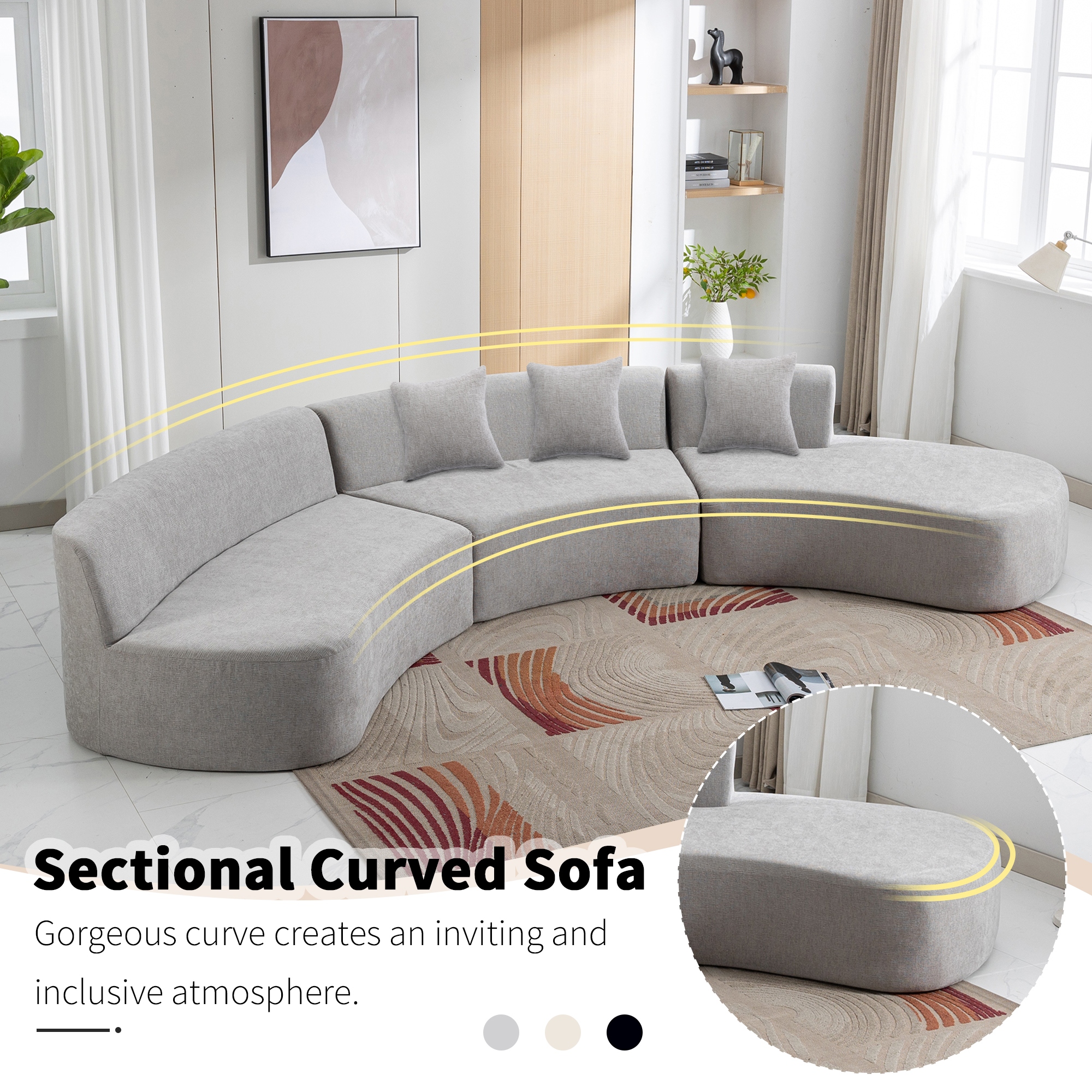 136.6 Curved Sectional Sofa Couch With Three Throw Pillows