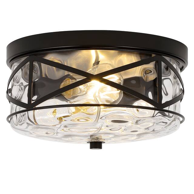 2-Light Flush Mount Glass Ceiling Light with Metal Frame - N/A